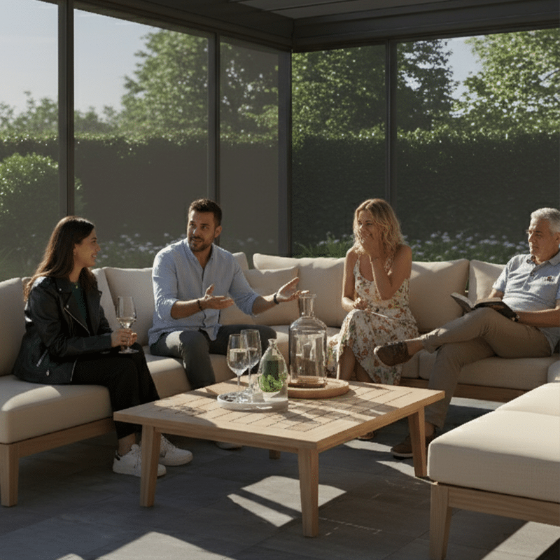 Persone felici in casa con vetrate